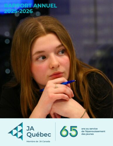 appot annuel 2025-2026. La page couverture est une jeune femme participant à un événement de JA Québec.